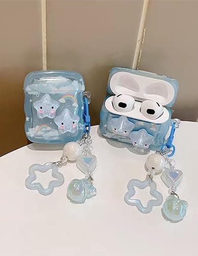 Compatible with Star Airpods 3 Case Cute Clear Airpod Case with Love Heart Keychain Cover for Women - Blue - AirPods 3 thumbnail 3