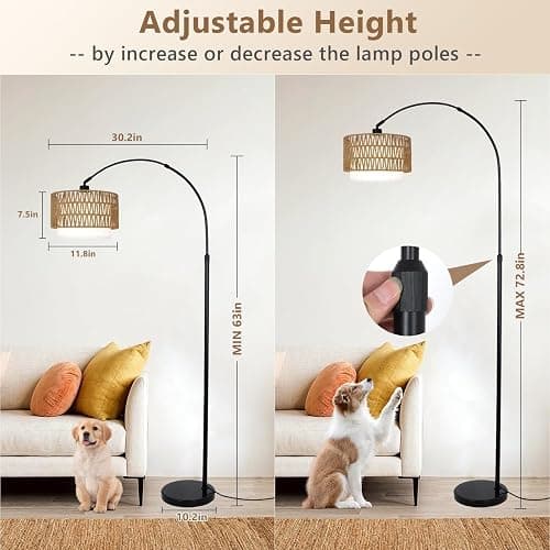 eyassi Arc Floor Lamp with Remote, Modern LED Floor Lamp with Dimmable Bulb, Boho Farmhouse Standing lamp with Fabric & Rattan Lampshades, Height Adjustable Black Tall Lamp for Living Room Bedroom thumbnail 3