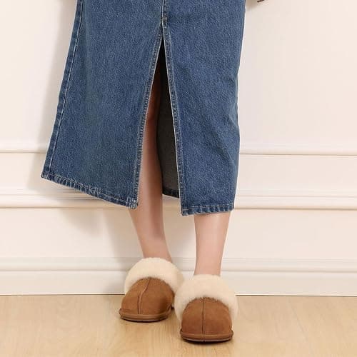 KIDMI 100% Genuine Leather Slippers for Women Fuzzy Winter Scuff House Shoes Cozy Warm Slip on Bedroom Slippers Indoor Outdoor thumbnail 3