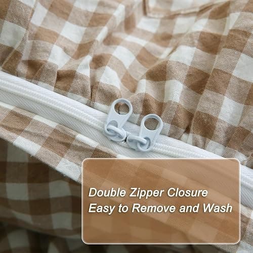 Silnuo Taupe/White Plaid Ruffle Duvet Cover King Size,100% Washed Cotton 3 Pcs Vintage Checkered Chic Gingham Bedding Set Comforter Cover Set thumbnail 5