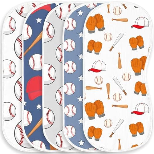 Spriggenix 5 Pack Baseball Sport Burp Cloths Baby Boys Girls with Baseball Pattern, Large Cotton Burp Rags for Newborns Gifts Nursery Decor Extra Soft and Absorbent 9.8X19.6inches - Image 1
