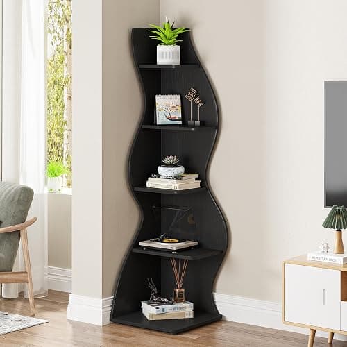 Tribesigns Corner Shelf, Modern 5-Tier Wall Corner Bookshelf, Stylish Corner Small Bookcase Storage Rack Plant Stand with Unique Shape for Living Room, Home Office, (1PC, Black) thumbnail 4
