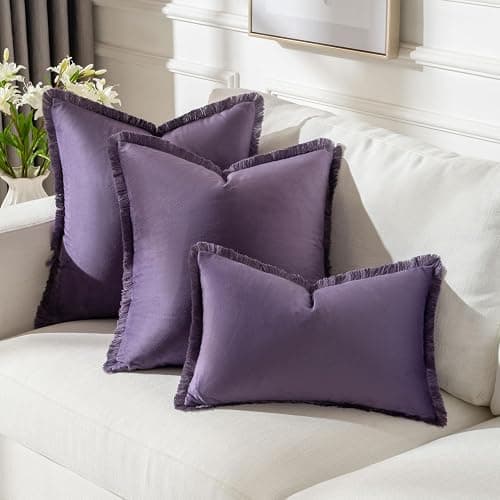 FUTEI Eggplant Purple Velvet Decorative Throw Pillow Covers 18x18 Set of 2,Soft Cozy Edge with Tassels Cushion Case,Boho Modern Home Decor for Couch Bed Living Room thumbnail 5