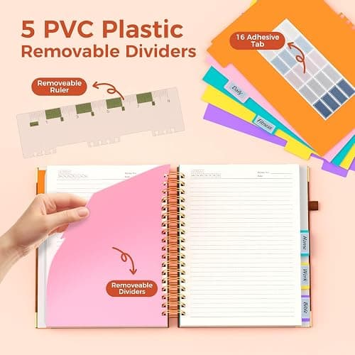 XYark Line Hardcover Spiral Notebook with Removable Dividers Tabs & Ruler, 5 Subject Notebook College Ruled, 300 Page, Large 8"x10" B5 Notebooks for Work School, Lined Journal for Women & Men, Brown thumbnail 5