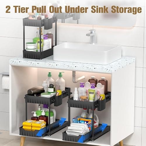 Latoxcaa 3 Pack Under Sink Organizer for Bathroom, ABS Material Pull Out Kitchen Organizers and Storage with Hooks Hanging Cup, 2 Tier Multi-Use Cabinet Organizer Storage for Bedroom/Office, Black - Double Pull-out+medium Size thumbnail 3