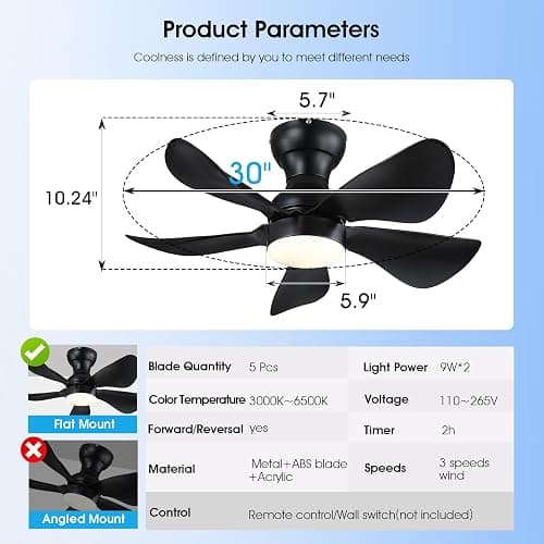 Kviflon 30" Black Small Low Profile Ceiling Fans with Light Remote Control | Flush Mount, 5 Propeller Reversible Blades, Quiet Motor, 3 CCT Dimmable, 18W LED Lights, 6 Speeds for Kids Room/Bedroom thumbnail 3