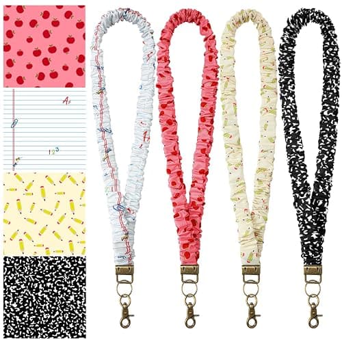 SmoothNovelty 4 Pcs Teacher Scrunchie Lanyards Bulk Cute Apple Notebook Pencil Elastic Stretchy Neck Lanyard for Women Teacher Lanyard for ID Badges and Stretchy Scrunchie Keychain Back to School Gift - Image 1