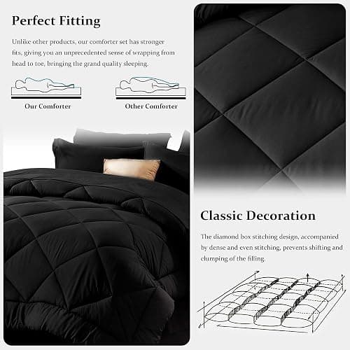 Newspin Full Comforter Set Black - Bed in a Bag Full Size 8 Pieces, All Season Bed Set, Fluffy Comforter Set with Sheets, Sheet Set Quilt Blanket, Pillowcases & Shams & Bed Skirt - Black - Diamond - Full thumbnail 5