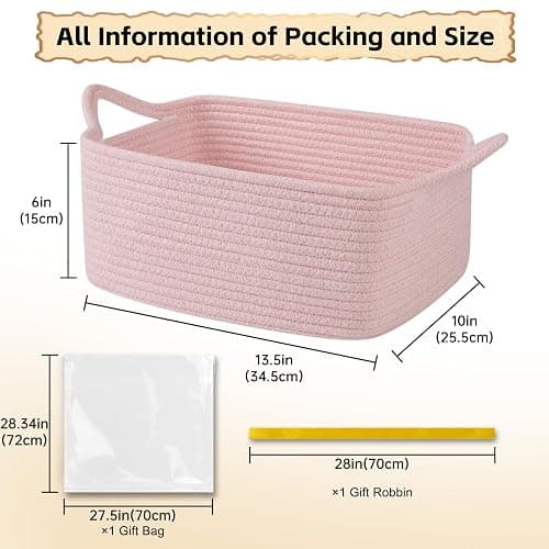 OIAHOMY Woven Basket, Gift Basket Empty with Gift Bags and Ribbons, Rope Baskets for Baby Showers, Storage Baskets with Handles for Nursery, Pet Toy Organizer - Mixed Pink thumbnail 3