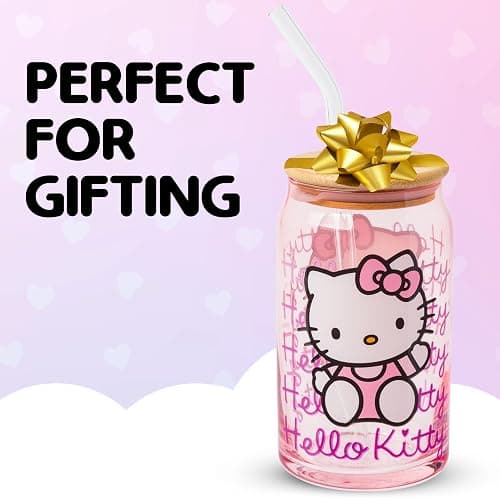 Silver Buffalo Sanrio Hello Kitty Waving Pink Glass Jar Tumbler with Bamboo Lid and Glass Straw, 16 Ounces - Hello Kitty Waving - 16oz thumbnail 8