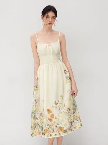 CIDER Midi Dress for Women Floral Sleeveless Square Neck Shirred Waistline Casual Dress Wedding Guest Dresses thumbnail 3