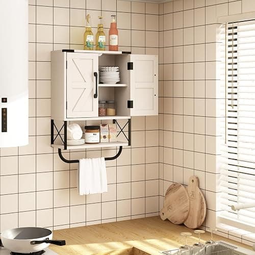 RUSTOWN Farmhouse Rustic Medicine Cabinet with Two Barn Door,Wood Wall Mounted Storage Cabinet with Adjustable Shelf and Towel Bar, 3-Tier Cabinet for Bathroom, Living Room(Vintage White) thumbnail 4