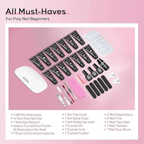 JEWHITENY Poly Extension Gel Nail Kit 14 PCS Poly Gel Kit with Slip Solution and Mini Lamp Nail Art Design Beginner thumbnail 2