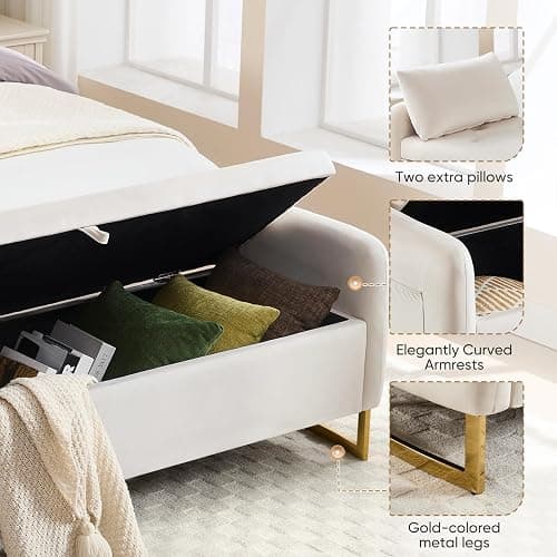 HOMYKA 65" Storage Ottoman Bench, Velvet Storage Bench for Bedroom, End of Bed Storage Bench with Tufted Upholstered and Gold Legs, Bedroom Benches with Arms for Living Room Window and Entryway Beige thumbnail 4