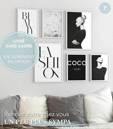 Papierschmiede® Set Mood Posters, Tableau Décoration Murale sans cadres « Coco Black Beauty » Bureau, Salon, Deco Chambre Parentale, Cuisine, 2x A4 et 4x A5, noir blanc rose mode thumbnail 3
