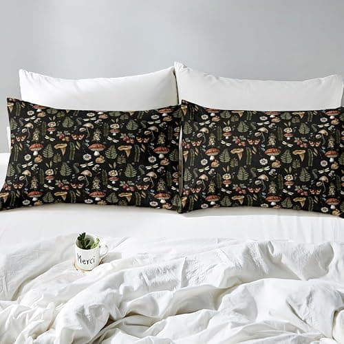 Mushroom Bed Sheet Natural Butterfly Wild Plant Leaves Decor Sheets for Kids Teens Adults Outdoor Jungle Rustic Farmhouse Style Bedding Set with Flat,Fitted Sheet,2 Pillowcases Queen Size 4 Pcs thumbnail 4