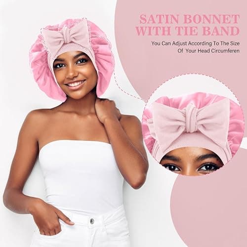 Abeillo Silk Sleep Bonnets for Women, 1PC Adjustable Satin Night Sleeping Cap Soft Elastic Band Silk Bonnets for Sleeping, Hair Bonnet with Tie Band for Curly Hair Braid Women (Pink) thumbnail 4