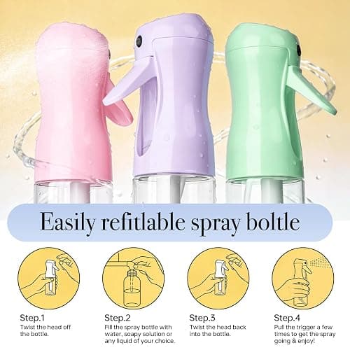 RMNJPW 3Pcs Continuous Spray Bottles For Hair,Ultra Fine Mister for Hair Styling, Plants, Cleaning, Salon, Misting & Skin Care (200ML Green+Pink+Purple) thumbnail 5