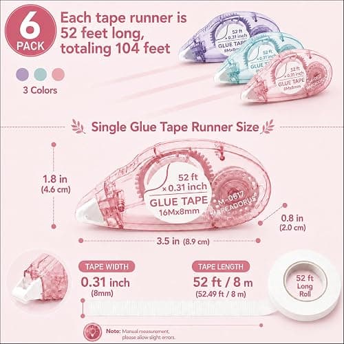MARCADORUS Double Sided Tape Roller, Scrapbook Glue Tape 6 Pack, Extra-Long | 52 Ft x 0.31 In Each, 312 Ft Total; Permanent, Acid-Free, Photo-Safe Tape for Scrapbooks, Journals, Cards & Crafts thumbnail 3