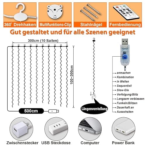 HXWEIYE 300LED Lichtervorhang Warmweiß, 3mx3m Lichterkettenvorhang USB 8 Modi LED Lichterkette mit 12 Haken Fernbedienung Timer verstellbare Helligkeit für Weihnachten Party Innen und außen Deko thumbnail 5