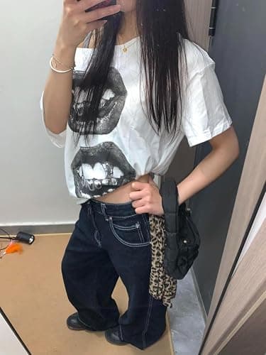 HOHOPEACH Streetwear Grunge One Shoulder Tops Women Teens Oversized Short Sleeve Graphic Tees Y2k Shirt Emo 2000s Clothing thumbnail 5