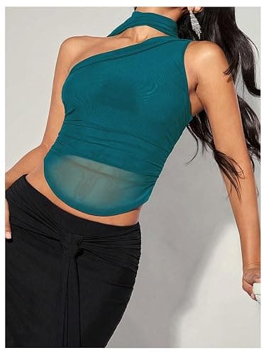 MakeMeChic Women's Halter Scarf Sexy Sheer Mesh Tops Ruched Off Shoulder Asymmetrical Neck Crop Tank Top Going Out Clubwear thumbnail 4