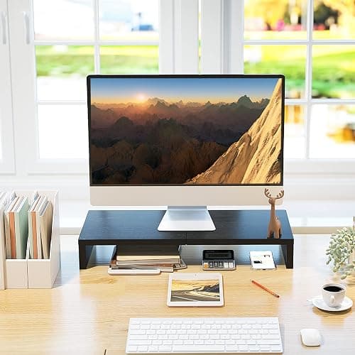 TEAMIX 20 Inch Monitor Stand Riser, Black Desktop Stand for PC/TV/Laptop/Printer, Wood Monitor Riser with Storage, Computer Stand Keyboard Organizer thumbnail 2