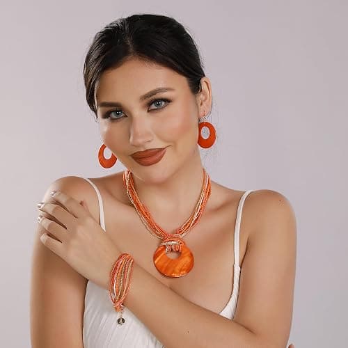 Coiris Multi Strand Statement Colorful Beaded Necklace with Big Circle Shell Pendant for Women thumbnail 5