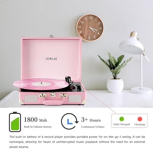 JORLAI Pink Vinyl Record Player 3 Speeds Portable Suitcase Turntable with Built-in Dual Speakers, Bluetooth Gramophone with Built-in Battery 3.5mm Aux Input/RCA Output thumbnail 2