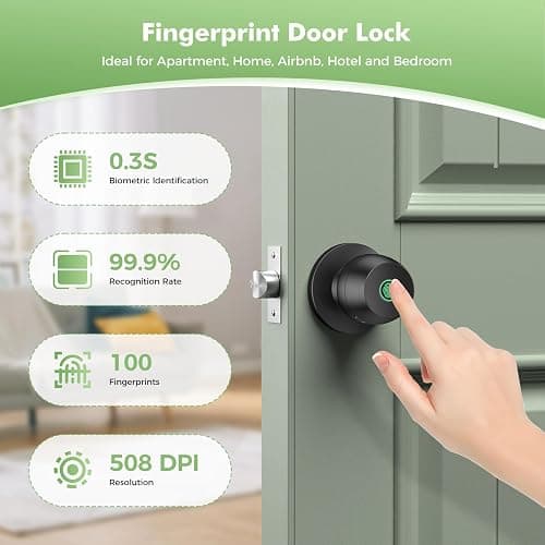 Fingerprint Door knob, Smart Door knob, Intelligent biometric Fingerprint Door Lock, keyless Entry, controllable via app, Suitable for bedrooms, Storage Rooms, Apartments, Offices, Hotels (Black) thumbnail 2