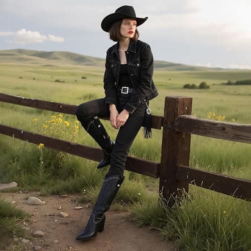 VOMIRA Knee High Cowboy Boots for Women Pointed Toe Chunky High Heels Pull-on Embroidered Boots Western Boots Wide Calf Cowgirl Boots thumbnail 3