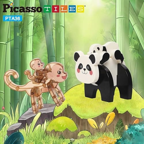 PicassoTiles Magnetic Build a Panda & Monkey Set Magnet Tile Blocks Add-on Expansion Pack, with Panda, Cub, Monkey & Baby Monkey Preschool Learning Educational Toddler Sensory Pretend Play Toy Ages 3+ thumbnail 4