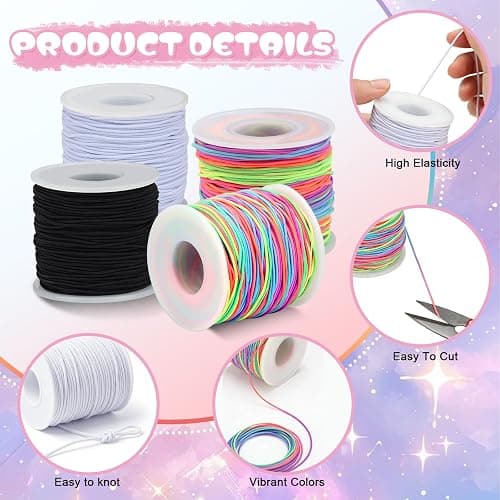 Pluralla 1mm Elastic Bracelet String 4 Rolls Strong Stretch Cord 660FT | Durable Elastic Cord, Black White 2 Rainbow, Easy Knotting, Fits Most Bead Sizes, for DIY Bracelet Necklaces Making and Kandi thumbnail 4