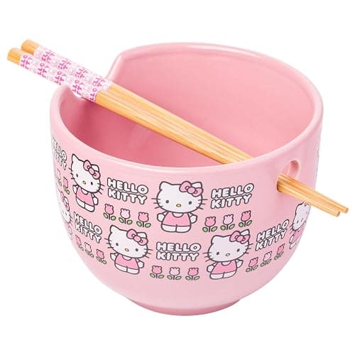 Silver Buffalo Sanrio Hello Kitty Flowers Pattern Ceramic Ramen Noodle Rice Bowl with Chopsticks, Microwave Safe, 20 Ounces - Image 1