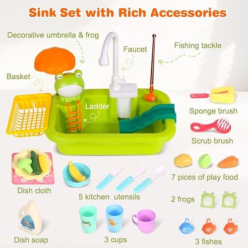 Play Sink with Running Water, Kitchen Sink Toy with Functional Faucet, Play Food and Kitchen Accessories, Floating Fishing Water Toy for Toddler, Pretend Play Dishwasher for Kids thumbnail 6