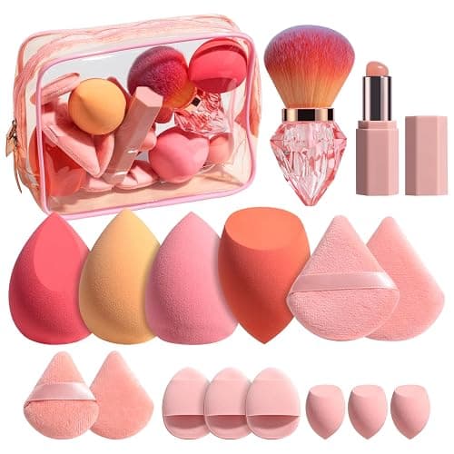 BS-MALL 14 Pcs Portable Makeup Sponge Set With Diamond-shaped Kabuki Powder Brush - Beauty Blender Sponge, Triangle Puff And Multi-functional Sponges For Liquid, Cream,With Travel Case (Orange Pink) - Image 1