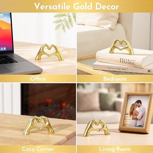 Gold Decor Living Room - Small Shelf Decor Aesthetic - Heart Hands Sculpture - Teen Girls Bedroom Knick Knacks - Cute Home Shelves Accent - Ta (Gold, Mini) thumbnail 6