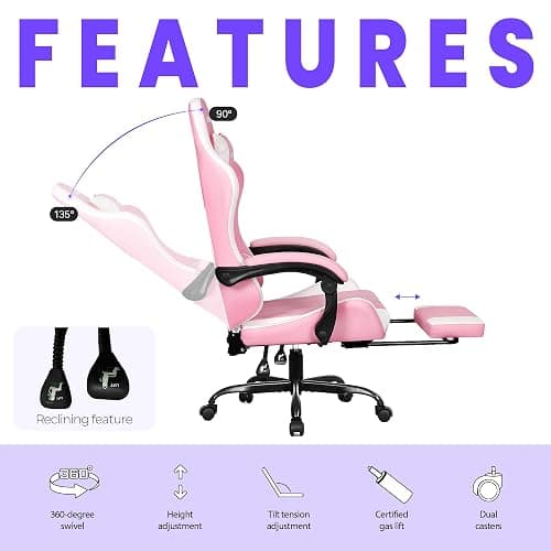 N-GEN GAMING Video Gaming Chair with Footrest Lumbar Support for Home Office High Back Recliner Height Adjustable Ergonomic Comfy Leather Computer Desk Chair (Pink) thumbnail 5