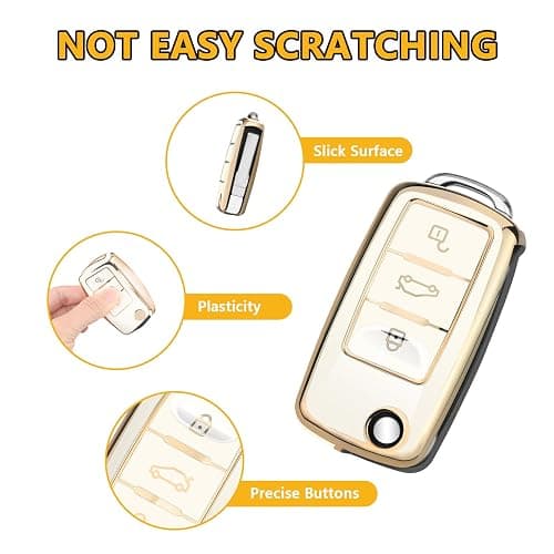 FT FUNTOR for VW Key Fob Cover TPU with Keychain (Gold Edge White) | Key Fob Case Shell Protector Keychain, for Beetle Golf Passat GTI Jetta Tiguan Polo Accessories thumbnail 3
