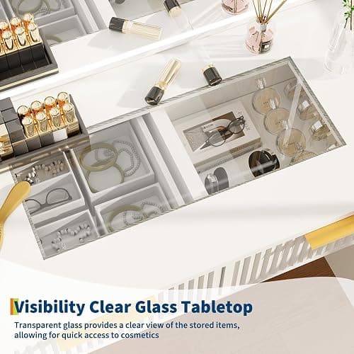 Makeup Vanity Desk with Smart LED Mirror & Charging Station, Large 48" Fluted Wood White Vanity Desk with Power Outlets and USB Ports Modern Glass Top with 5 Storage Drawers Dressing Table for Bedroom thumbnail 4