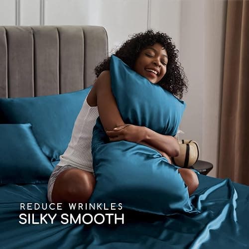 MR&HM Satin Bed Sheets, Queen Size Sheets Set, 4 Pcs Silky Bedding Set with 15 Inches Deep Pocket for Mattress (Queen, Teal) thumbnail 3