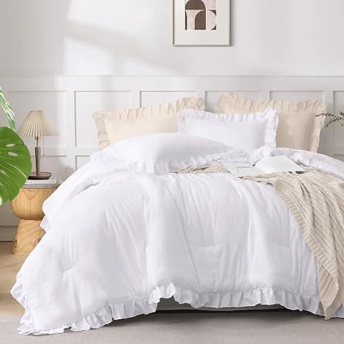 Andency Comforter Full Size Set White, 3 Pieces Ruffle Farmhouse Shabby Chic Gift Full Comforter Set, Soft Lightweight Fluffy All Season Room Decor Bed Set for Girls Women Teens Daughter thumbnail 7