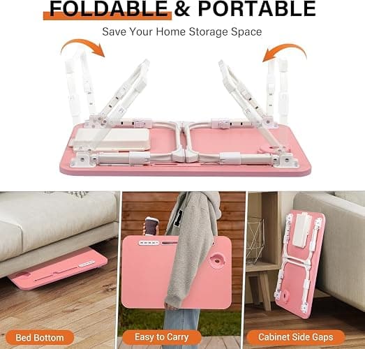 DECOSIS Bed Desk Height Adjustable, Bed Laptop Table with USB/Storage Drawer/Cup Holder/Tablet Stand/Book Shelf, Foldable Breakfast Tray Portable for Reading Writing, Bed, Sofa & Floor, Wood, Pink thumbnail 8