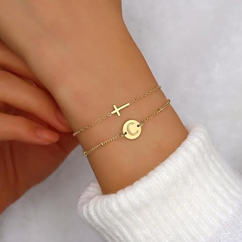 FERLYHR Cross Bracelet for Women Initial Bracelets for Women Dainty Layered Beaded Disc Monogram Gold Faith Cross Bracelet Christian Religious Jewelry Gift thumbnail 5