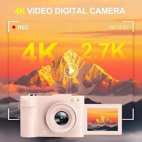 4K Digital Camera for Photography Autofocus, 50MP Vlogging Camera Kids with 2.8'' 180° Flip Screen 18X Zoom 32G Card Compact Point Shoot Cameras Anti Shake Flash Video Photo Batteries Girls Boys Pink thumbnail 2