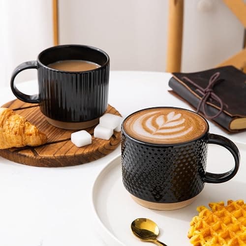 GBHOME 12OZ Stackable Coffee Mugs, Ceramic Coffee Mugs with Texture Patterns for Man,Woman,Dad,Mom, Modern Coffee Mugs Set of 4 for Latte/Cappuccino/Cocoa. Dishwasher&Microwave Safe, Black thumbnail 5