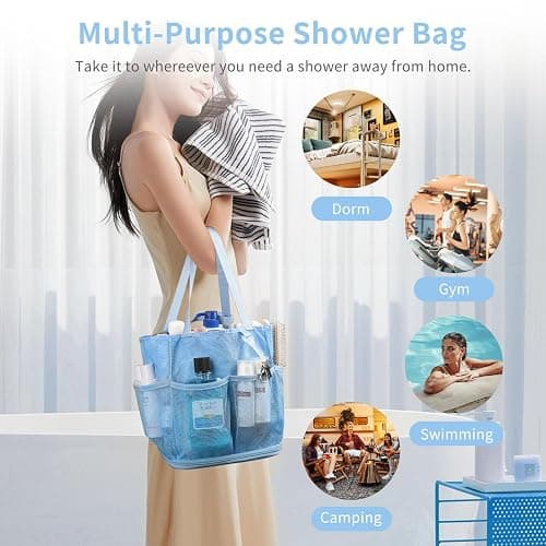 Mesh Shower Caddy Portable for College Dorm Room Essentials, Shower Tote Bag with Hanging Hook and Drawstring, Quick Dry Toiletry Bag with 6 Pockets for Bathroom, Swimming, Gym, Camping, Beach, Travel - Blue thumbnail 6