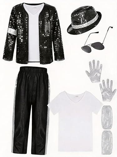 Beita Pop Star Halloween Costume Set, Black Sequin Jacket, Trousers, Hat, Gloves, 80s Retro Stage Outfit, 7 Piece thumbnail 2