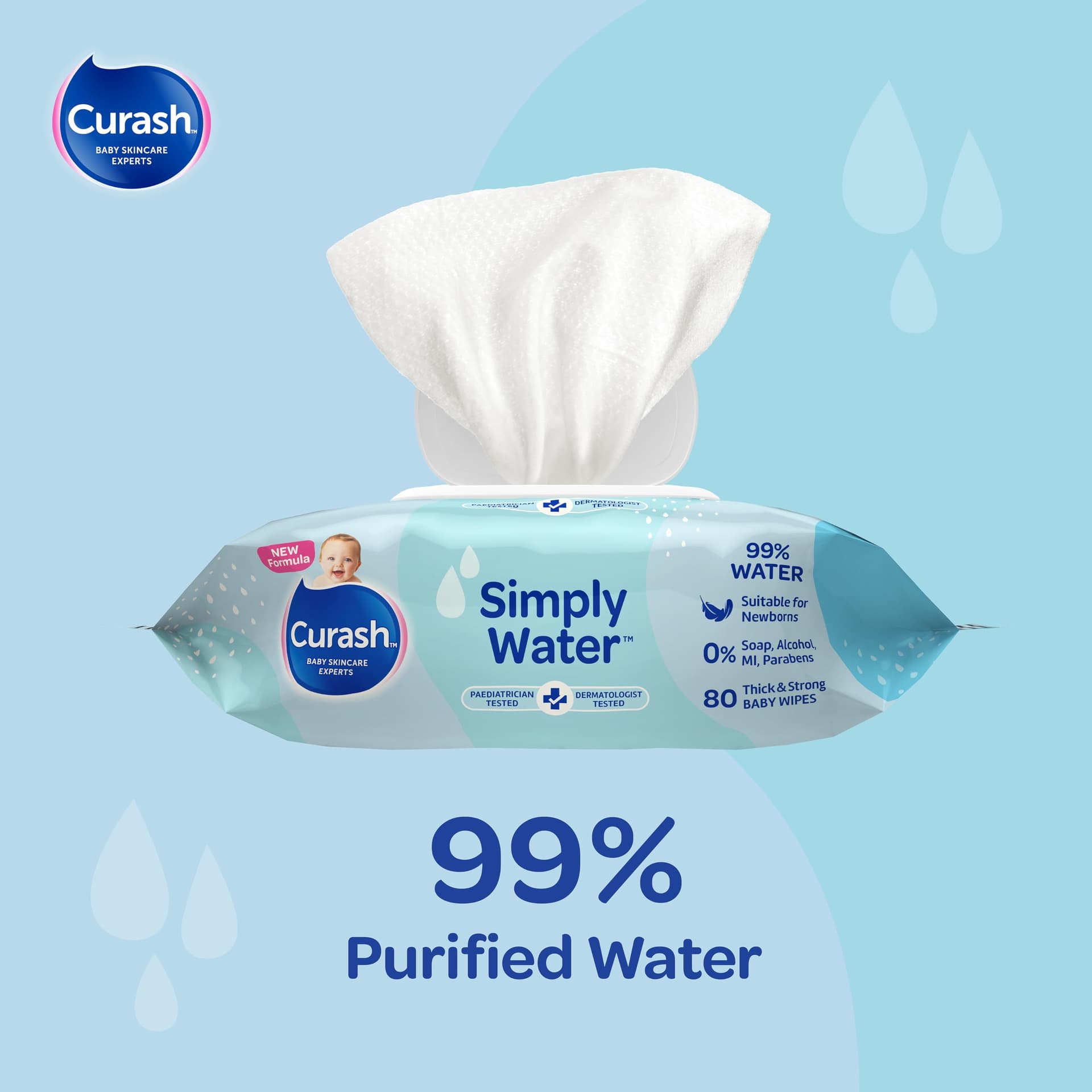 New Formula Curash Simply Water Baby Wipes, 8x80 Pack, Suitable for Newborns, 99% Purified Water, No Soap, Alcohol or Parabens, Thick & Soft Texture, Everyday Cleansing and Nappy Changes, 640 Wipes thumbnail 5