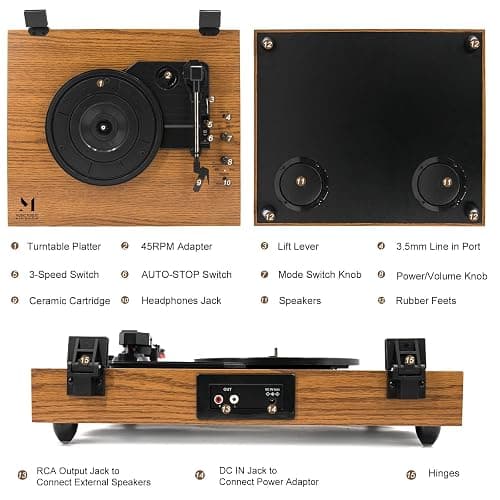 MPK Vintage Style 3 Speeds Wireless Input Record Player, Built-in Dual Premium Speakers,Belt Drive,RCA Output,Aux in,Fulll Size Platter Turntable, Yellow Wood thumbnail 2